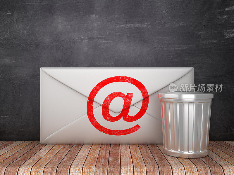 垃圾桶与电子邮件信封在黑板背景- 3D渲染